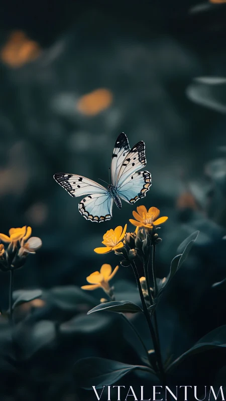 Blue butterfly over marigold blooms in moody bokeh garden.