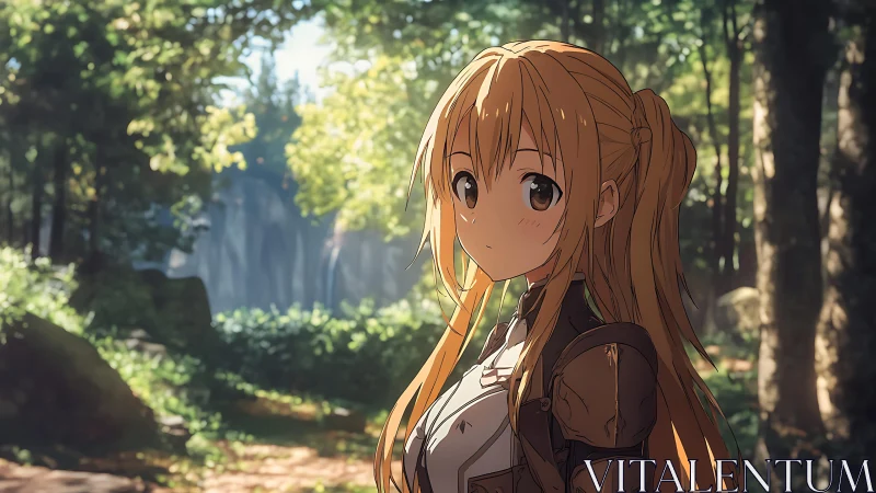 Anime-style blonde girl standing in a sunlit forest path.