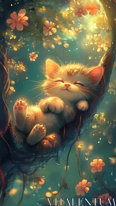 Digital Illustration of Felid Resting in Florals with Volumetric Lighting Effects