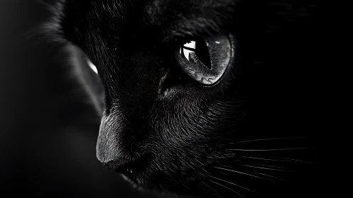 Black cat face with bright green eyes staring directly at camera.