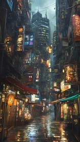 Neon rain alleyway dreaming beneath towering cyber spires.
