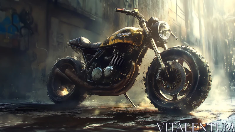 Rust-patinated cafe racer motorcycle rendered in dynamic rain backlight