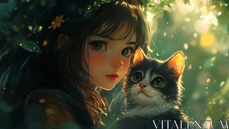 Backlit girl and cat rendered with soft bokeh and rim lighting