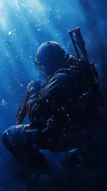 Submerged tactical operator rendered in high-contrast cyan lighting