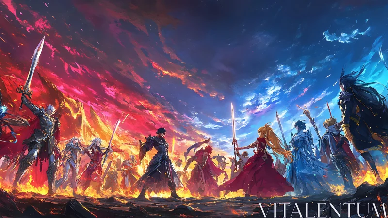 Elemental anime knights facing off under divided flaming sky