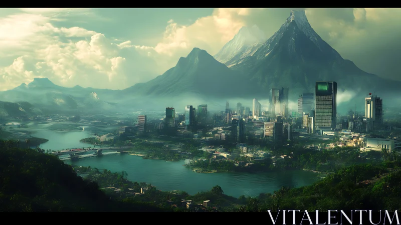 Futuristic lakeside city rises beneath towering emerald peaks