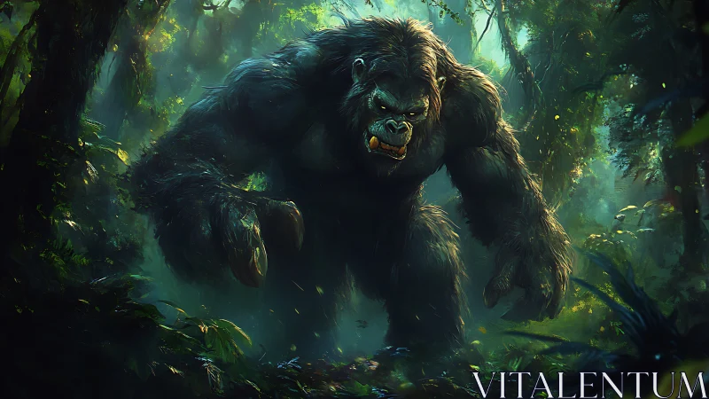 Massive gorilla-like creature advances through dense rainforest