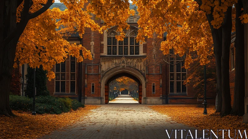 Collegiate Gothic archway framed by symmetrical autumn foliage and path