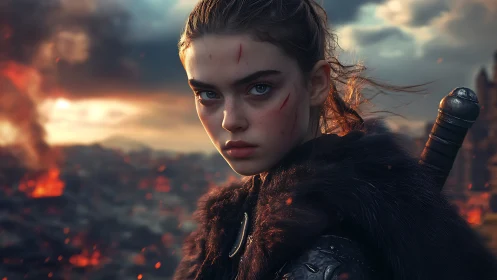 Young warrior stands defiant above a burning battlefield