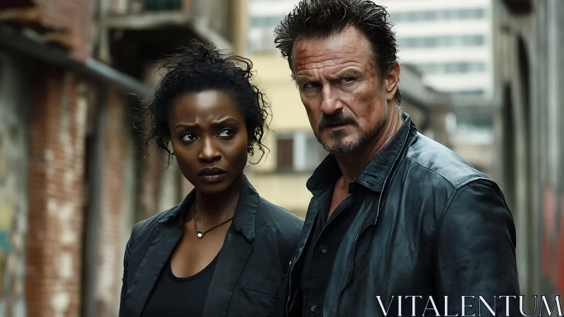 Two people standing in urban alleyway wearing dark jackets.