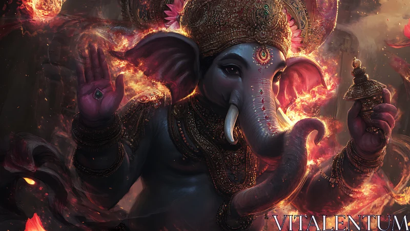 Divine elephant-headed deity in radiant molten fire halo.