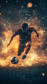 Dynamic soccer striker in explosive golden motion field.