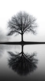 Solitary winter tree mirrored in tranquil foggy lake.