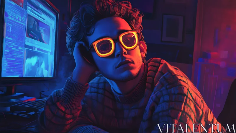 Young man in neon glasses at computer workstation.