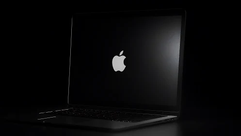 Apple laptop in dark minimalist studio environment.