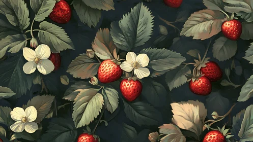 Botanical strawberry pattern with blossoms on dark foliage field