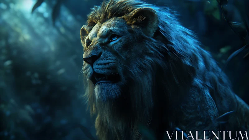 Majestic lion pauses in moonlit jungle hush and shadow