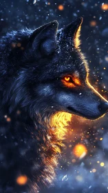 Wolf profile with glowing eye and embers in cold night.