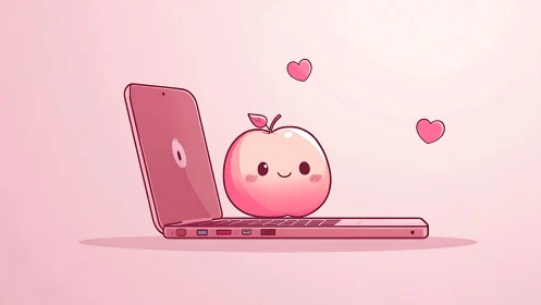 Cute peach mascot sits by laptop in soft pink glow.