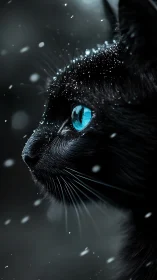 Close-up black cat with bright cyan eyes in falling snow