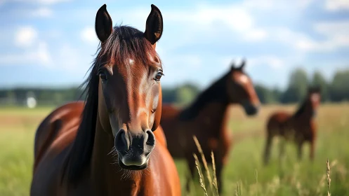 Brown horse stands in sharp focus before blurred herd mates