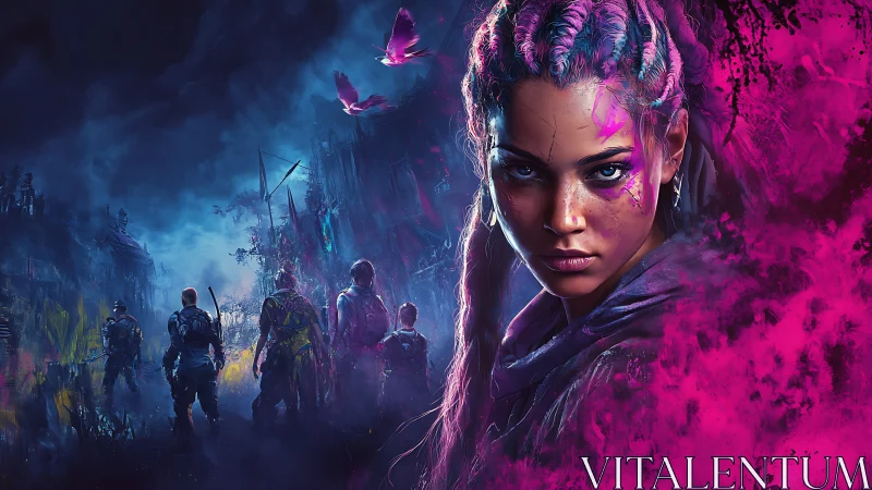 Neon guerrilla strategist in chromatic post‑urban frontline.