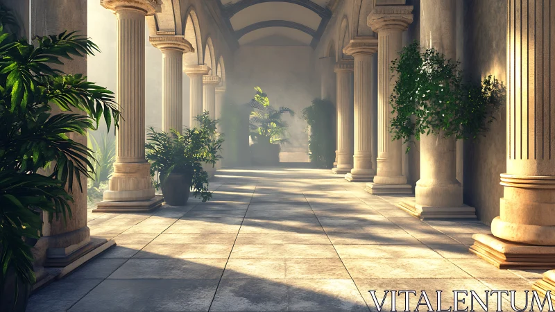 Sunlit classical colonnade frames lush Mediterranean plants