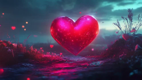 Radiant Heart Glowing Across a Magical Twilight Landscape