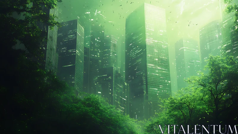 Eco-Dystopian Cityscape with Green Light and Dense Vegetation.