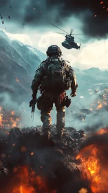 Lone tactical soldier advancing through burning warzone.