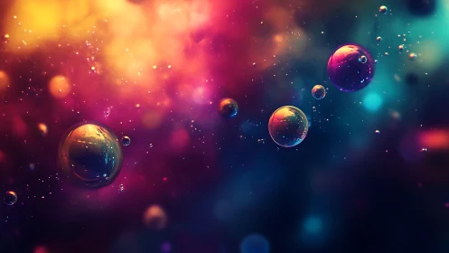 Colorful soap-like spheres float against blurred nebula field