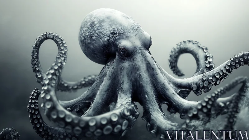 Storm-gray octopus unfurls swirling tendrils in misty deep.