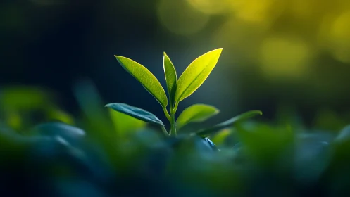 Bright new leaf reaches toward soft morning forest light