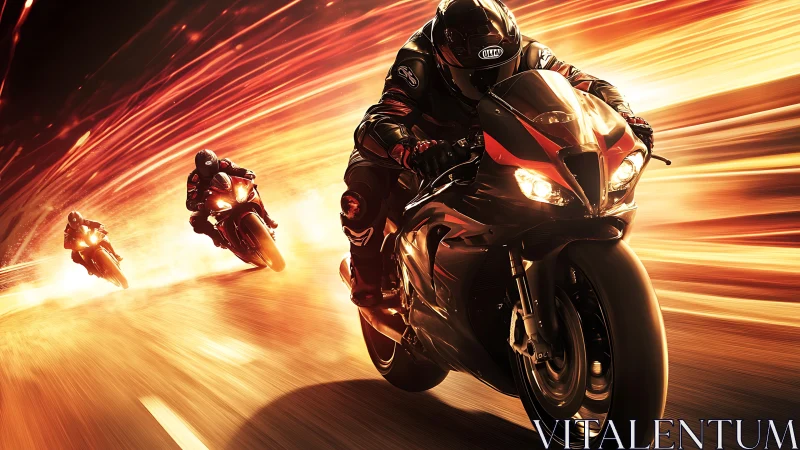 Racing superbikes blaze through a tunnel of molten light