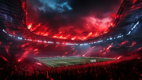 Panoramic night stadium with red flare illumination and dense crowd