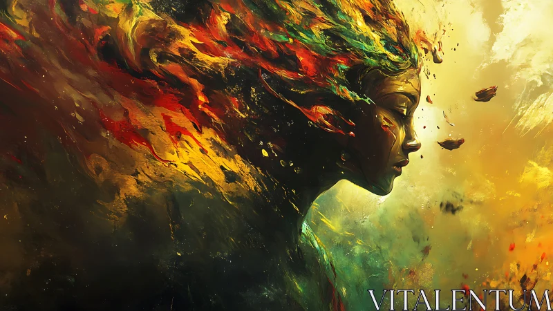 Profile of a stylized female figure merges with abstract flow