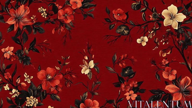 Crimson Garden Tapestry: Vintage Florals in Bloom.