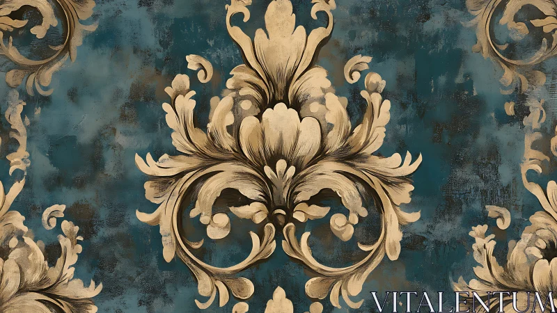 Baroque flourishes bloom over moody teal patina backdrop.
