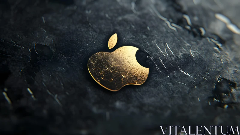Golden Apple Logo on Dark Textured Background, Realistic Render.
