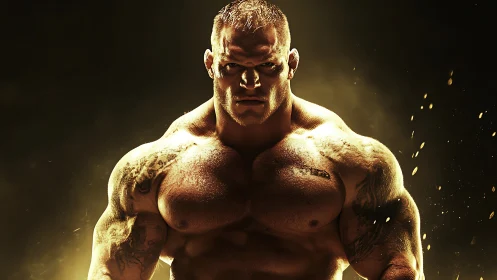 Bodybuilder stands under molten gold cinematic backlight.
