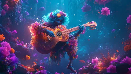 Floral-clad blue musician strums guitar in luminous dream forest.