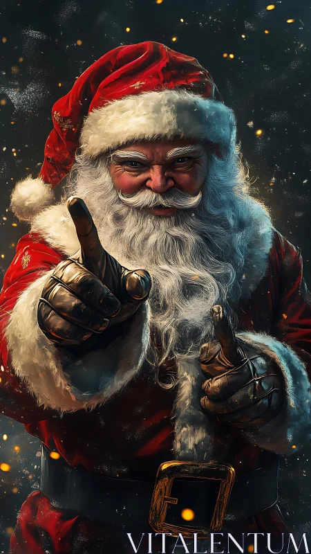 Santa Claus figure in red suit pointing toward viewer.