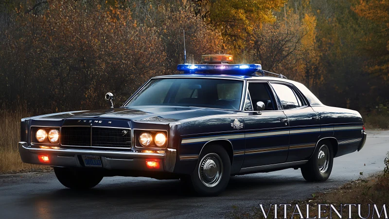Vintage black police sedan with active roof lights on road.