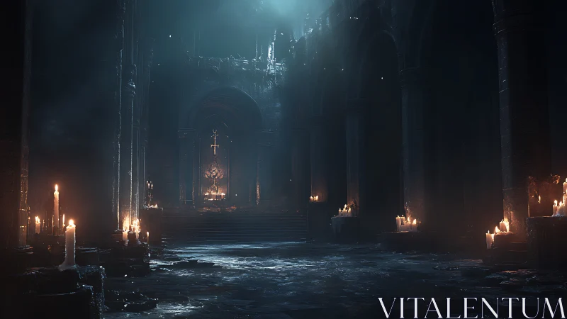 Gothic stone cathedral glows with cold candlelit haze.