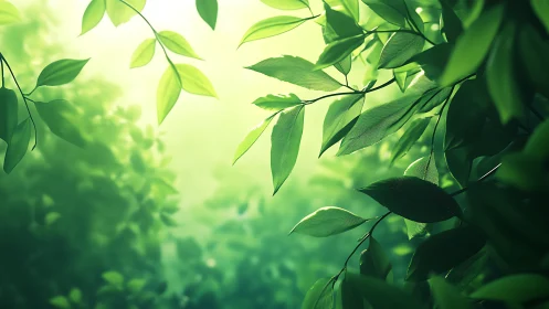 Sunlit Green Leaves Close-Up in Dreamy Nature Scene, Soft Focus.