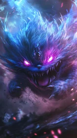 Fierce glowing monster cat lunging through neon storm