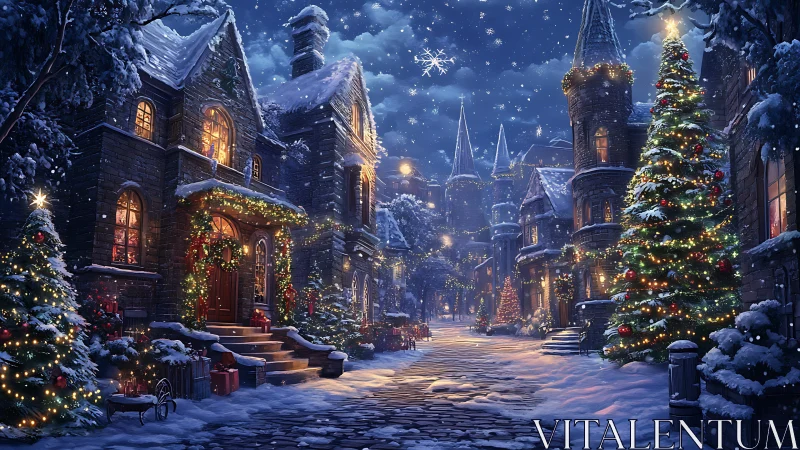Cozy snowy village street glowing with magical Christmas lights.