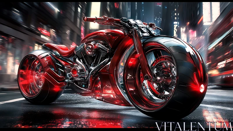 Futuristic red motorcycle is rendered on a wet city street