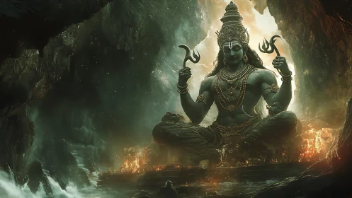 Mythic blue deity seated in cavernous illuminated landscape.