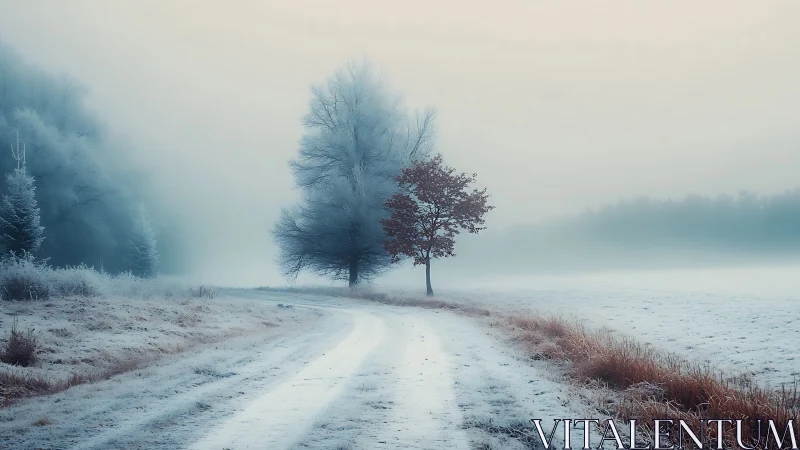 Frosty country lane courting two lonely winter trees.